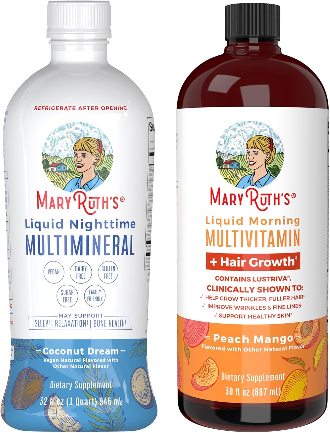 MaryRuth’s Nighttime Multimineral (Coconut) & Multivitamin Liquid + Hair Growth (Peach Mango) | Clean Label Project Verified® | for Sleep & Beauty| NO Melatonin | Sugar-Free, Vegan, Gluten-Free