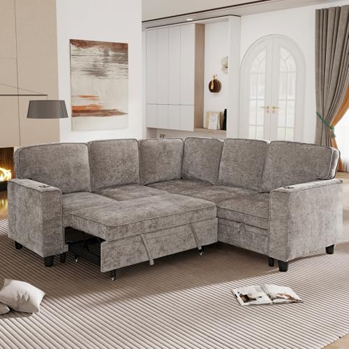 L-Shaped Pull Out Sleep Sofabed with Storage Chaise, Chenille Upholstered X30892