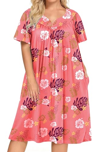 Ekouaer Plus Women's Plus Size Mumu Dress Short Sleeve House Dress Momo Sleepdress with Pockets