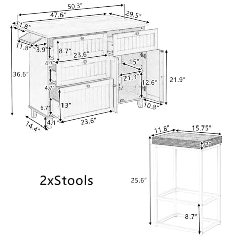 YOUKTCZY03 3-Piece Farmhouse Kitchen Island Set with 2 Chairs and Storage B70845