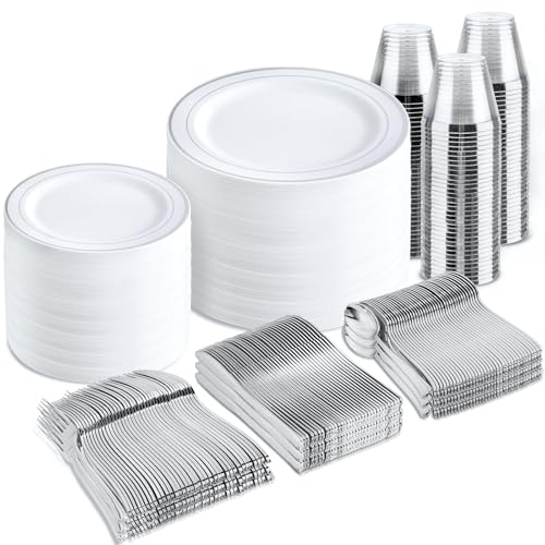 bUCLA 300PCS Gold Disposable Dinnerware Set - White and Gold Plastic Plates for Party S185