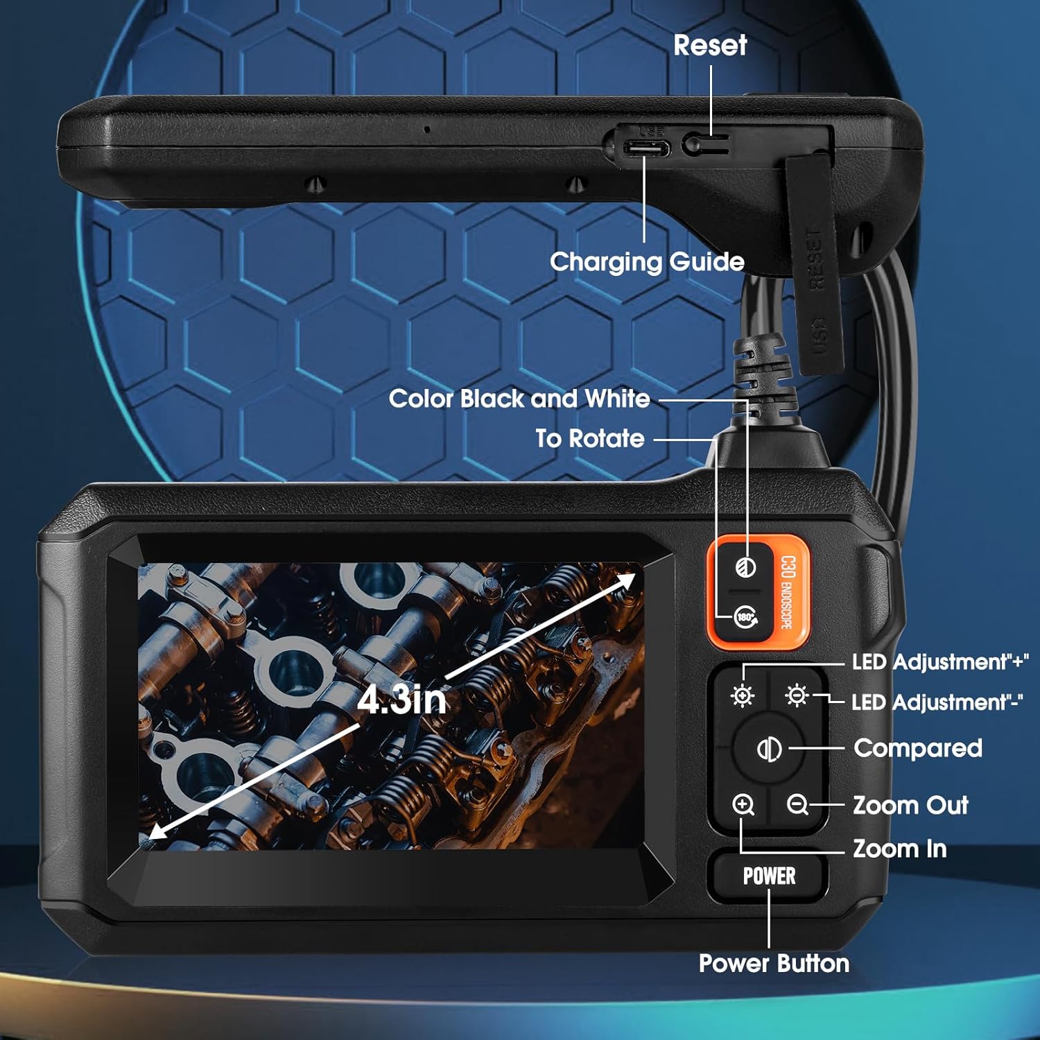 Industrial Endoscope Borescope Camera 4.3'' LCD HD Waterproof Sewer Inspection K4016