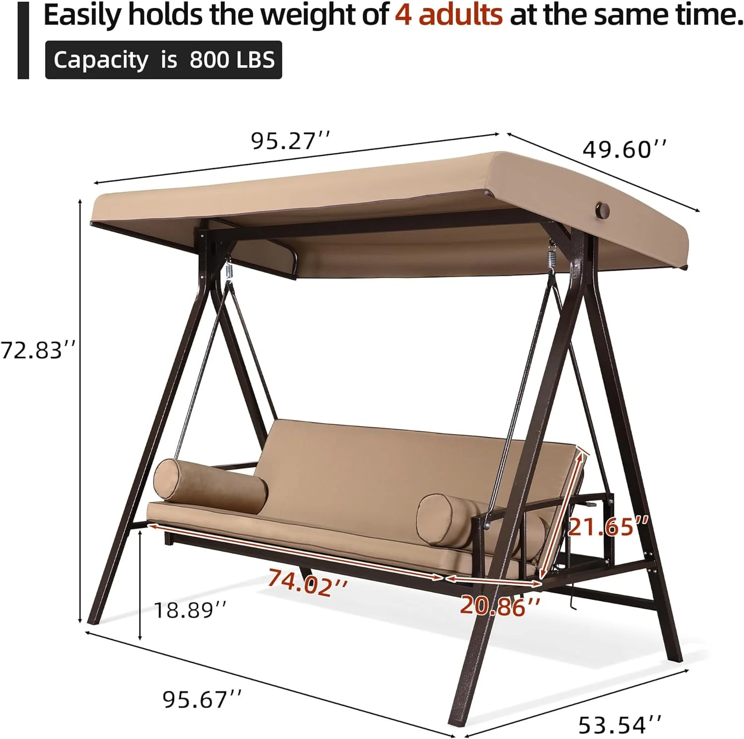 PURPLE LEAF Outdoor Patio Swing Chair with Adjustable Backrest, 3-Seat, Beige Z4266