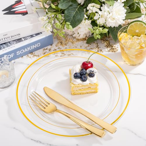 bUCLA 300PCS Gold Disposable Dinnerware Set - White and Gold Plastic Plates for Party S185