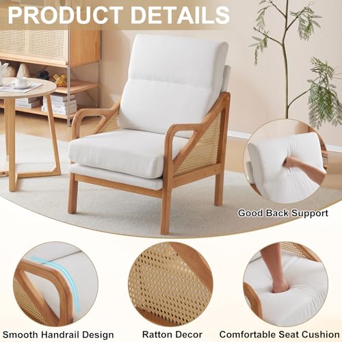 Karl home Modern Accent Chair with Rattan Woven Upholstered Lounge and Oak Wood Frame, White W3310