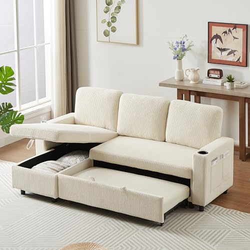 L-Shaped Pull Out Sleep Sofabed with Storage Chaise, Chenille Upholstered X30892