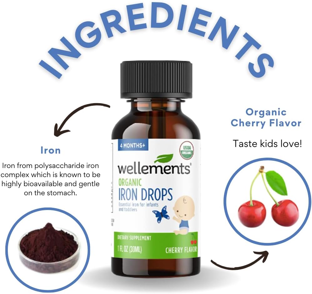 Wellements Organic Iron Drops for Babies, Cherry Flavor, 1 Fl Oz M699