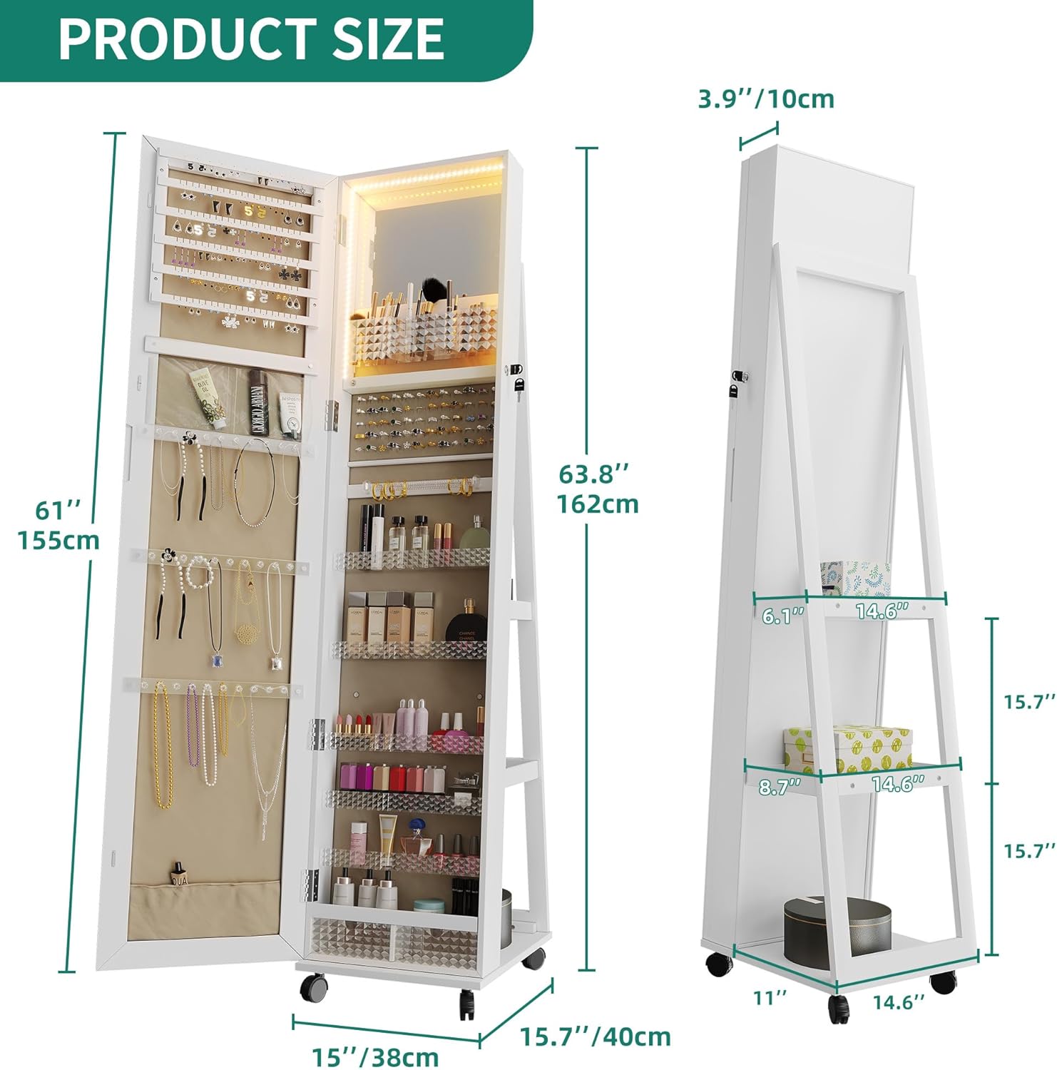 YITAHOME Mirror Jewelry Cabinet with Lights, Lockable Standing Armoire on Wheels, White A411