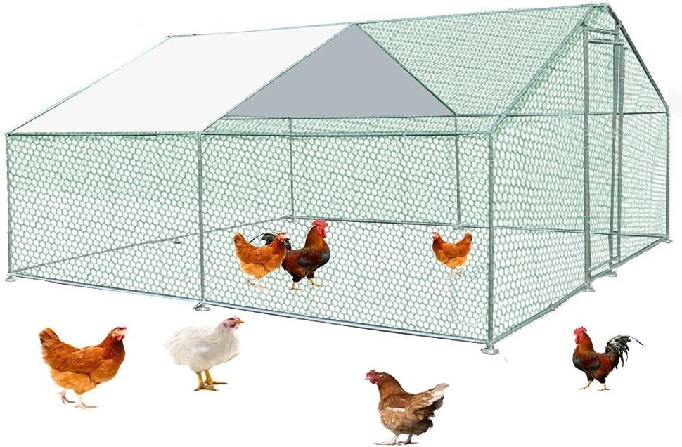 Metal Chicken Coop Cage with Waterproof Roof Shade Cover Large Chicken Run Coop Hen House Rabbit Cage Backyard Poultry Enclosure with Lockable Doors (19.8' L x 9.8' W x 6.56' H)
