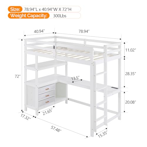 VINGLI Twin Loft Bed with L-Shaped Desk, 3 Storage Drawers, Solid Wood, White W24917