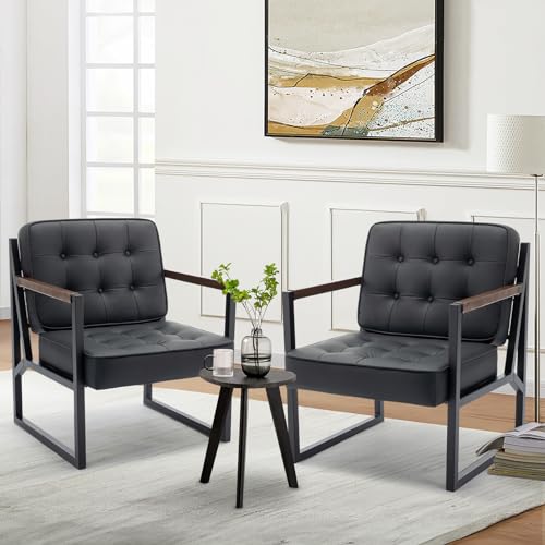 COLAMY Mid Century Modern Accent Chair Set of 2, Faux Leather, Black S4169