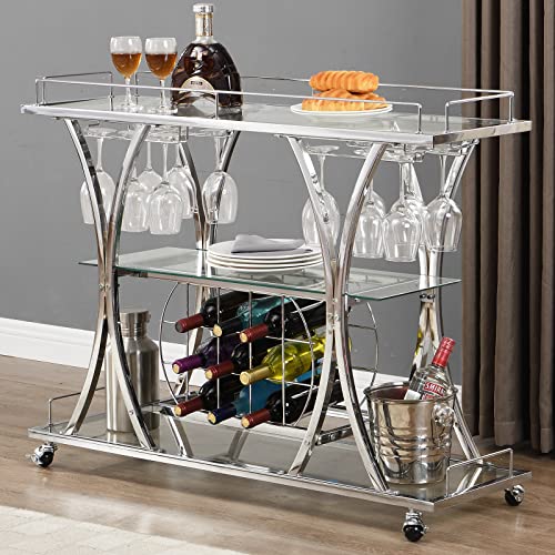 Silver Bar Cart, Rolling Liquor Serving Cart, 3-Tier Liquor Kitchen Tea Trolley with Wine Rack & Glass Holder Metal Frame,Mobile Bar Carts for The Home