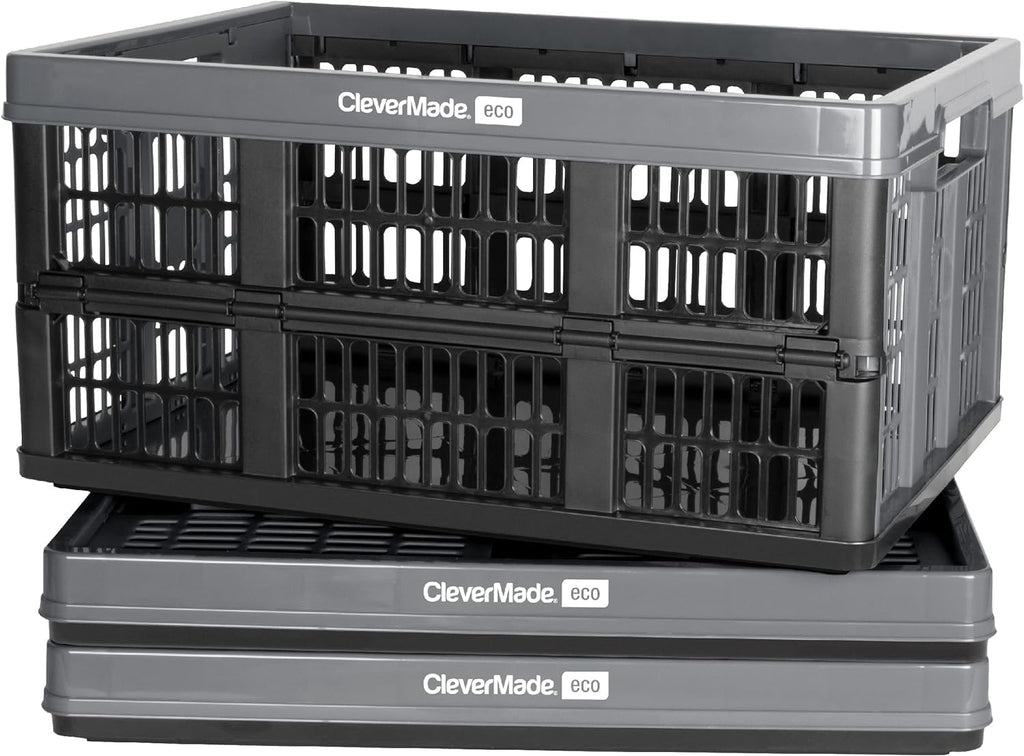 CleverMade Collapsible Utility Crate, Stone, 3PK - 45L (11 Gal) Collapsible Storage Bins, Holds 66lbs Per Bin - Plastic Stackable Grated Wall Utility Containers, CleverCrates Baskets
