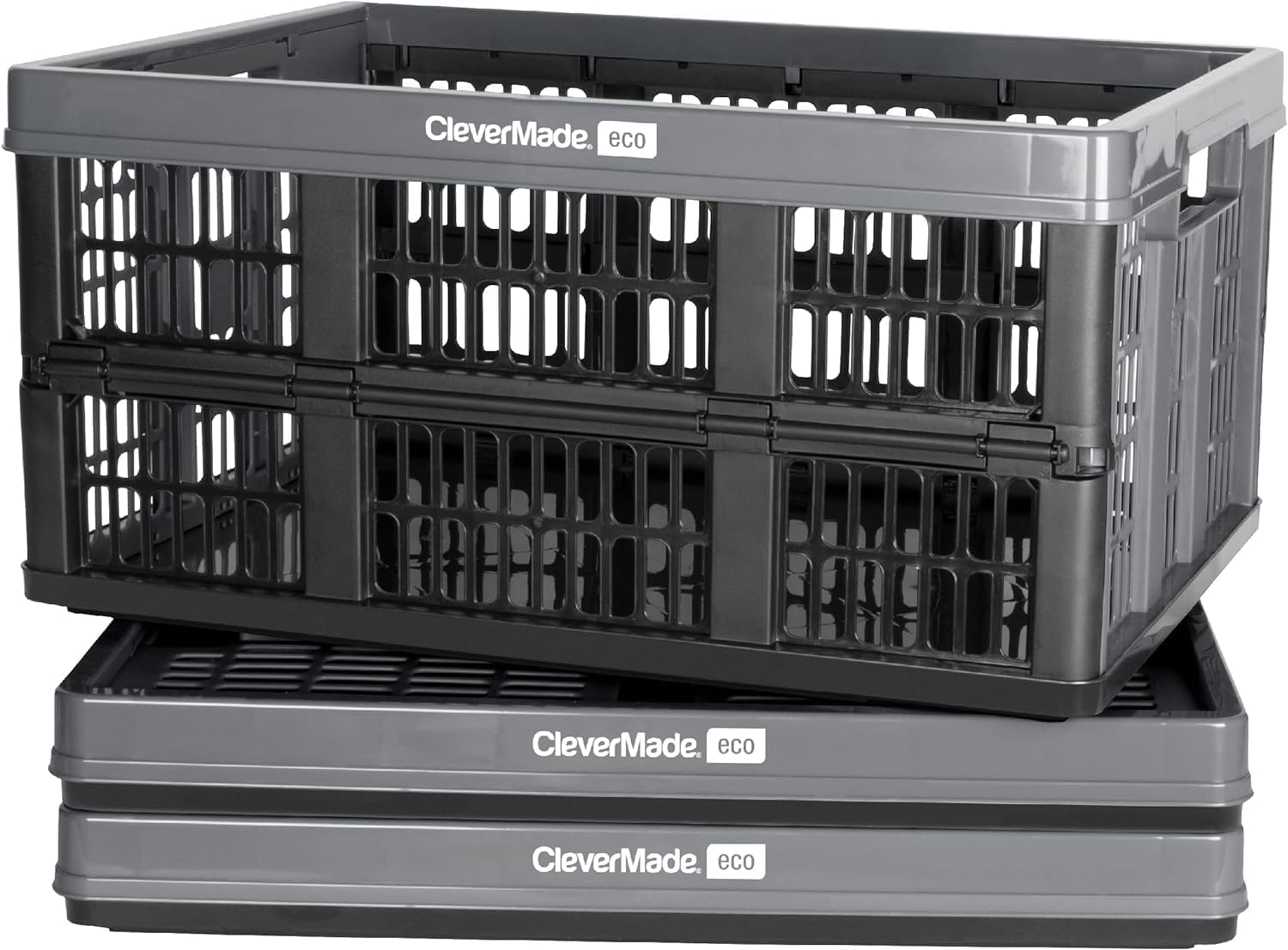 CleverMade Collapsible Utility Crate, Stone, 3PK - 45L (11 Gal) Collapsible Storage Bins, Holds 66lbs Per Bin - Plastic Stackable Grated Wall Utility Containers, CleverCrates Baskets