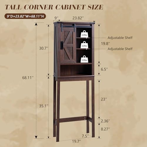 Farmhouse Over The Toilet Storage Cabinet 68" Tall with Sliding Barn Door, Rustic Oak & White E269