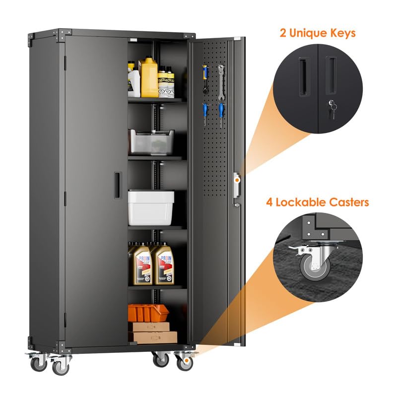 Aobabo 73''H Metal Garage Storage Cabinet with Wheels, Black S572804