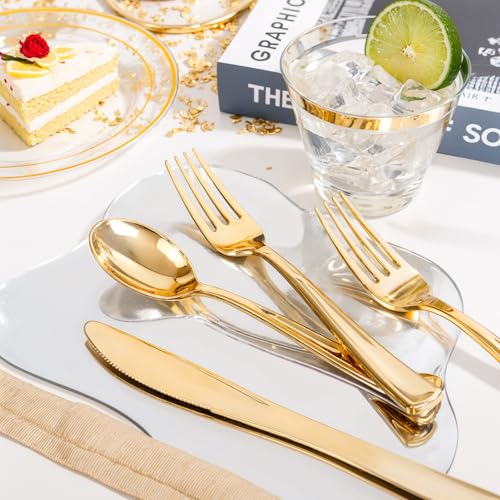bUCLA 300PCS Gold Disposable Dinnerware Set - White and Gold Plastic Plates for Party S185