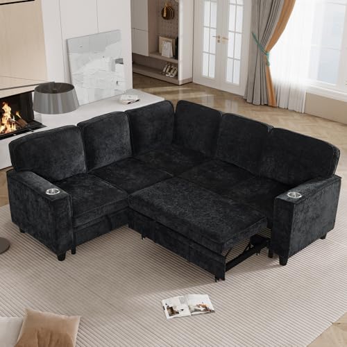 L-Shaped Pull Out Sleep Sofabed with Storage Chaise, Chenille Upholstered X30892