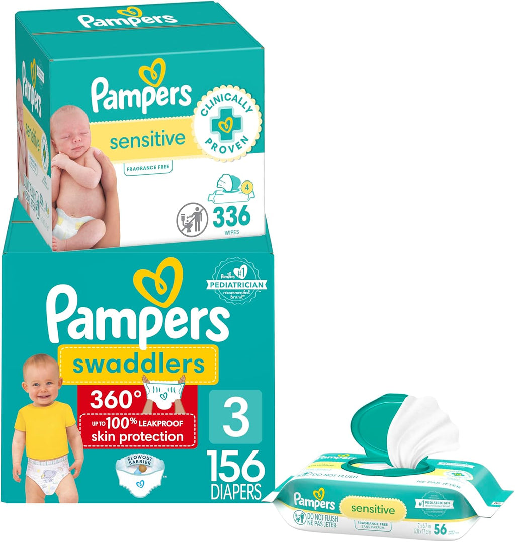 Pampers Swaddlers 360 Pull-On Diapers, Size 3, 156 Count, One Month Supply, with Sensitive Baby Wipes, 4 Flip-Top Packs (336 Wipes Total) [Packaging May Vary]
