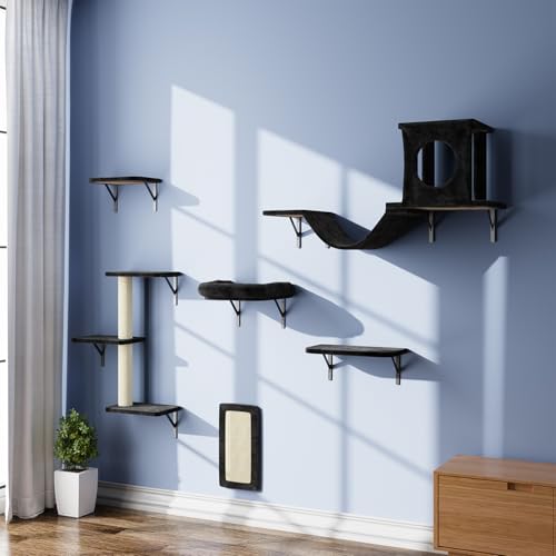NUNU LAB Wall Mounted Cat Climber Set with House, Tunnel, Scratcher, Black M305