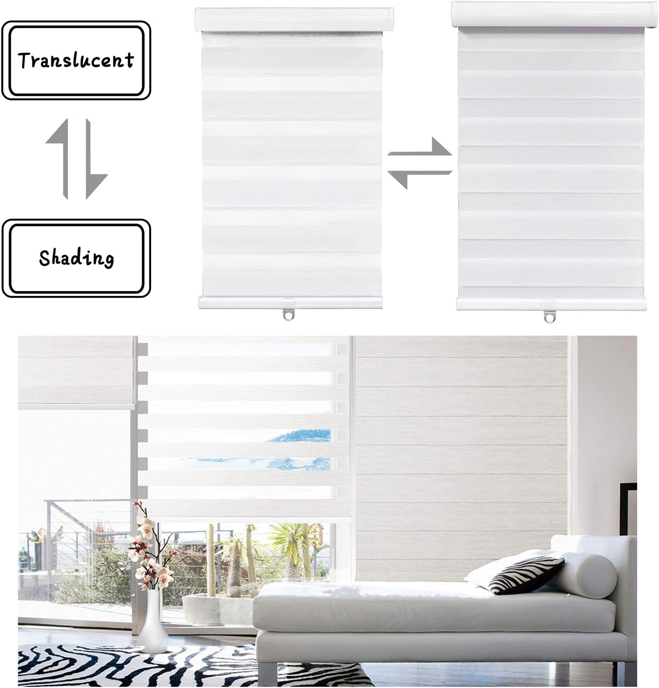 HTTMT Zebra Roller Blinds 20 x 72 in White Cordless Dual Layer H641