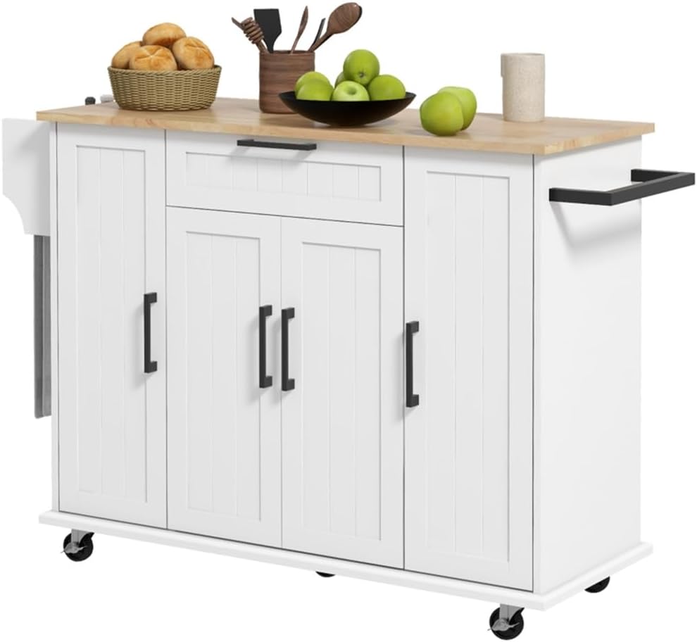 Rolling Kitchen Island on Wheels Kitchen Cart with Solid Wood Drop Leaf Breakfast Bar, 1 Storage Drawer 4-Door Cabinets Spice Rack,White