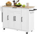 Rolling Kitchen Island on Wheels Kitchen Cart with Solid Wood Drop Leaf Breakfast Bar, 1 Storage Drawer 4-Door Cabinets Spice Rack,White
