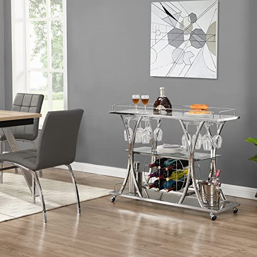 Silver Bar Cart Rolling Liquor Serving Cart with Wine Rack & Glass Holder O726690