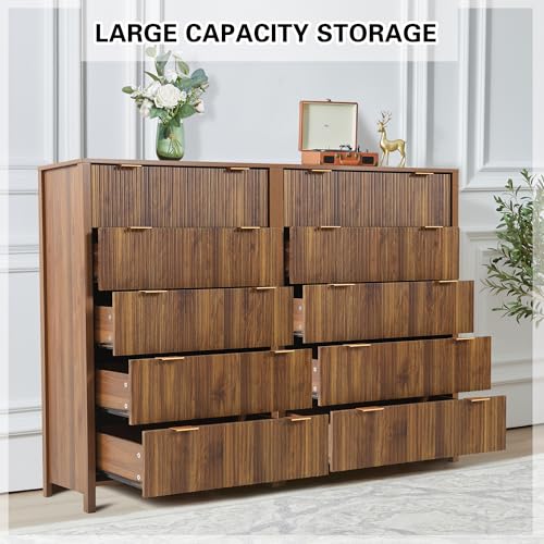 Fluted 5 Drawers Dresser for Bedroom, Wooden Tall Storage, Walnut L1075