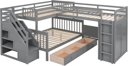 MERITLINE Twin Over Full Triple Bunk Bed with Storage Stairs, Solid Wood, Grey R998