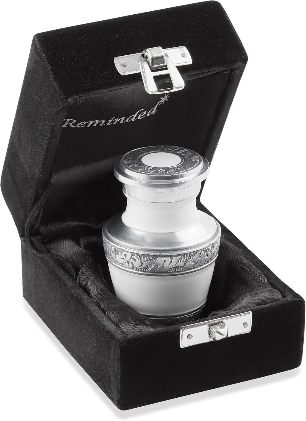 Reminded Small Cremation Memorial Urn for Human Ashes, White and Silver Miniature Keepsake Urn with Velvet Case