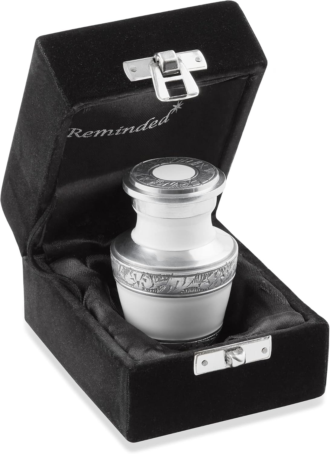 Reminded Small Cremation Memorial Urn for Human Ashes, White and Silver Miniature Keepsake Urn with Velvet Case