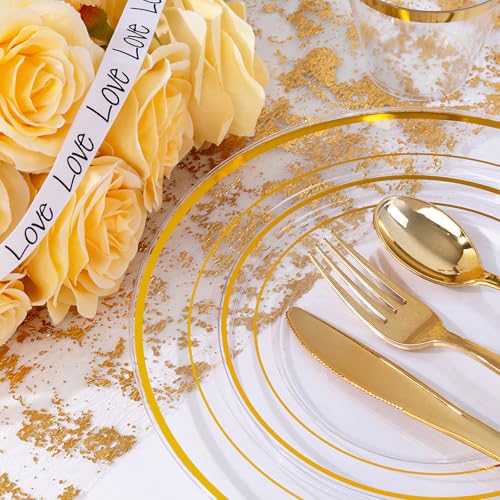 bUCLA 300PCS Gold Disposable Dinnerware Set - White and Gold Plastic Plates for Party S185