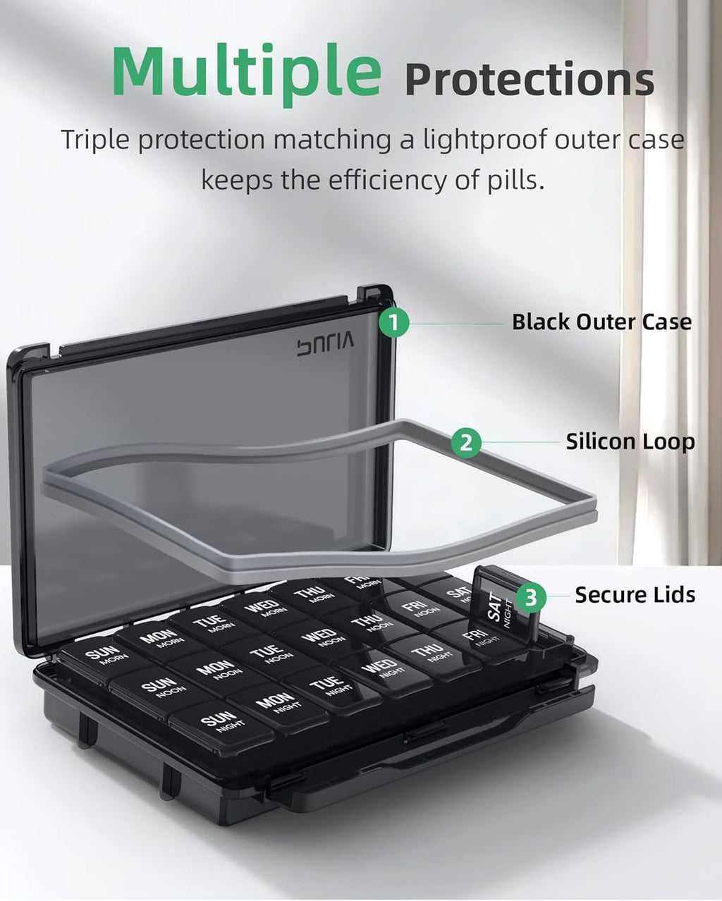 PULIV Pill Organizer 3 Times a Day, 7 Day Weekly Pill Case, Black X1223
