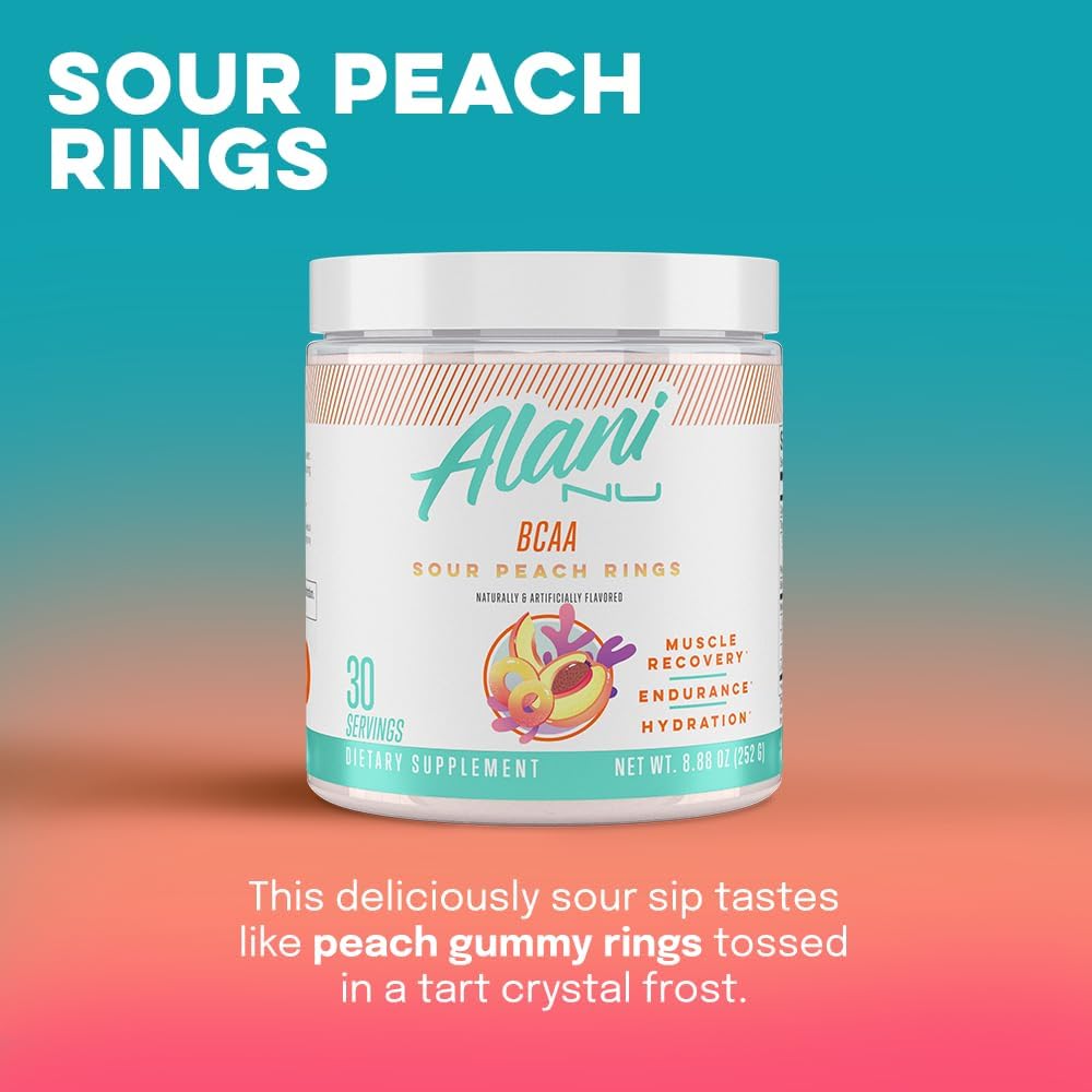 Alani Nu Blue Slush Pre Workout and Sour Peach Rings BCAA Post Workout Powder Bundle, 30 Servings F8779