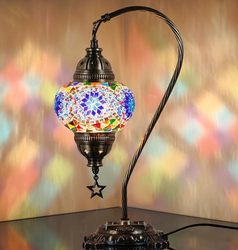 DEMMEX Authentic Turkish Lamp, Made in Turkey, Turkish Moroccan Mosaic Table Bedside Lamp, 100% Handcrafted, Antique Brass Color Metal Body and Decorated Metal Base, 15" (Multicolored)