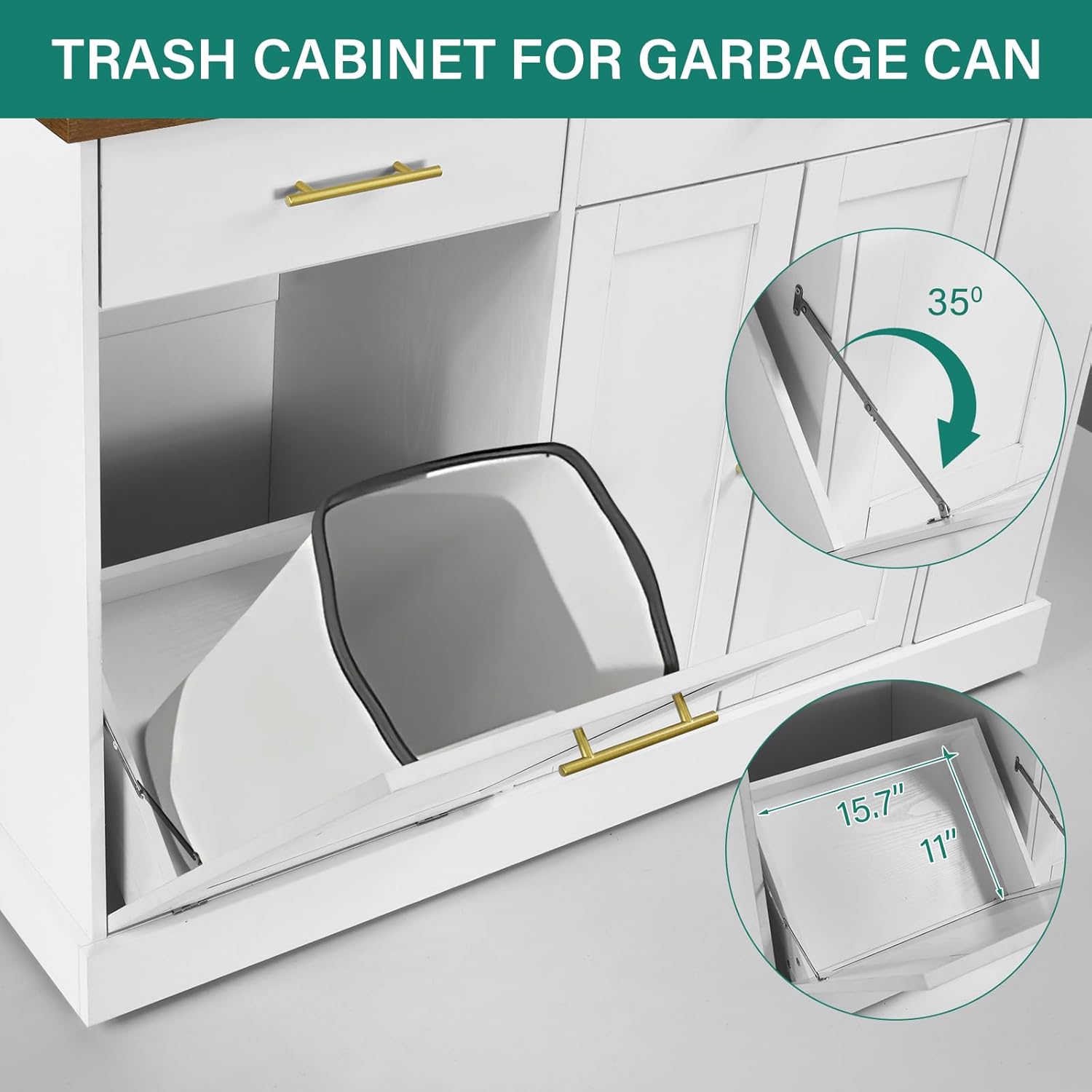 4 EVER WINNER Rolling Kitchen Island with Spice Rack and Trash Cabinet, White G453