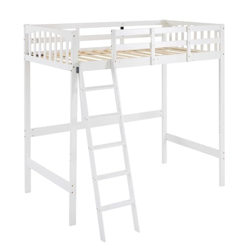 VINGLI Twin Loft Bed with L-Shaped Desk, 3 Storage Drawers, Solid Wood, White W24917