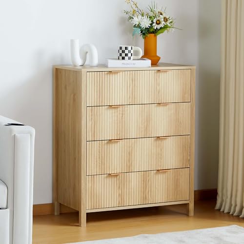 Fluted 5 Drawers Dresser for Bedroom, Wooden Tall Storage, Walnut L1075