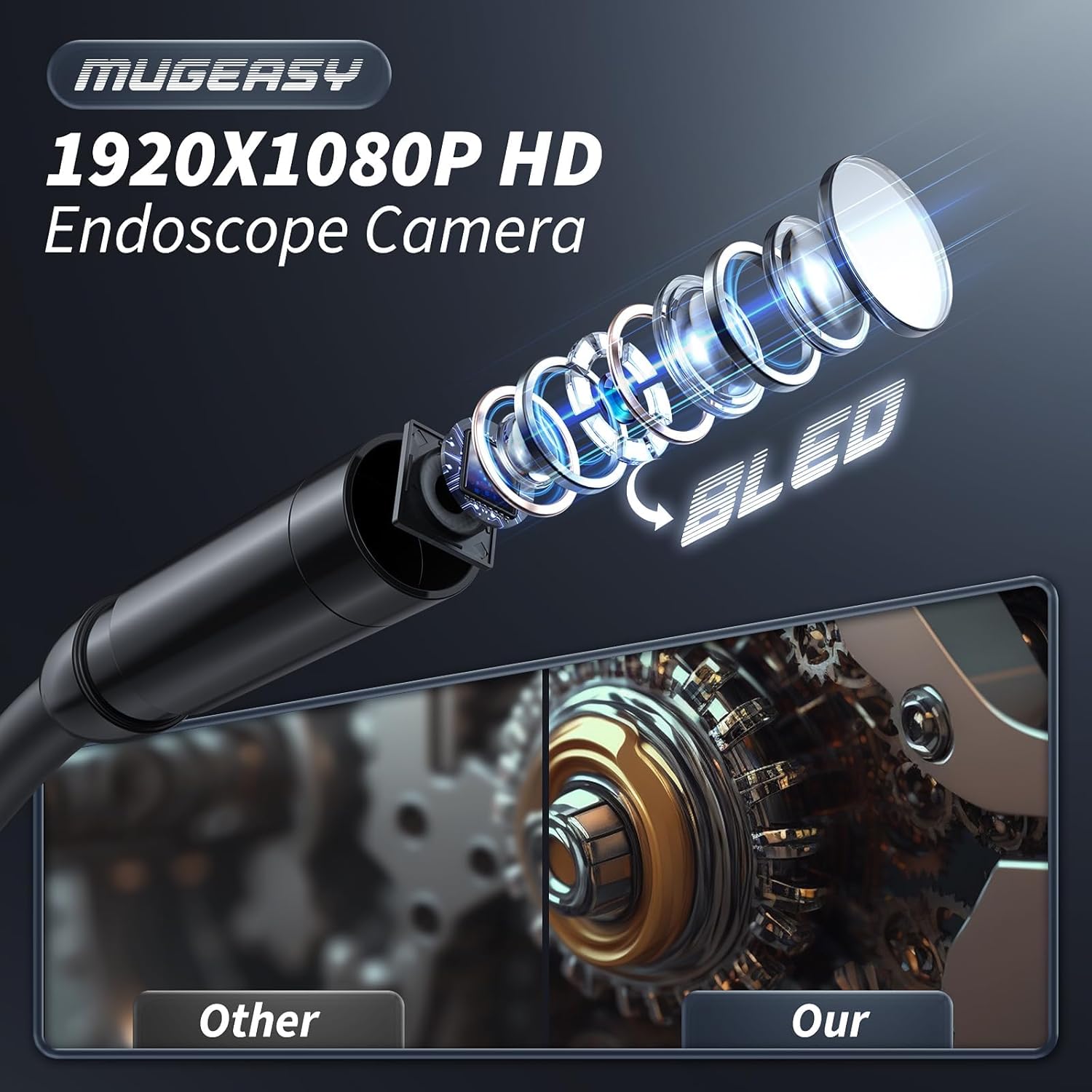 Endoscope Camera with Light - 1920P HD Borescope, 16.4FT Semi-Rigid Cord, IP67 Waterproof D167582