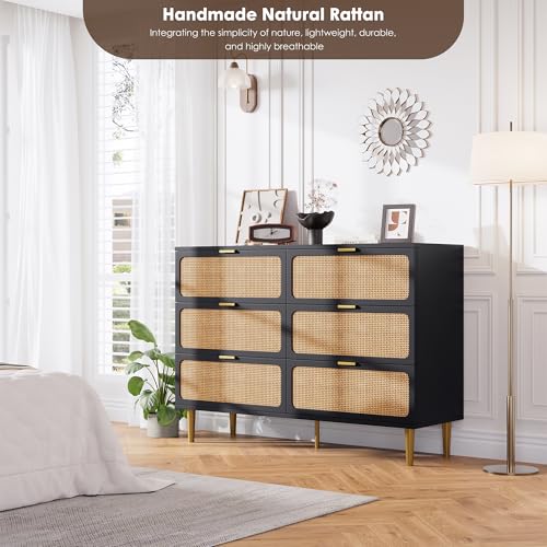 Rattan 5 Drawer Tall Dresser for Bedroom, Black V99880