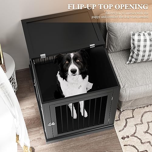 Large Dog Crate Furniture with Cushion, Flip Top, Black H57930