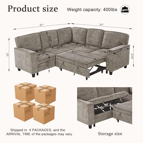 L-Shaped Pull Out Sleep Sofabed with Storage Chaise, Chenille Upholstered X30892