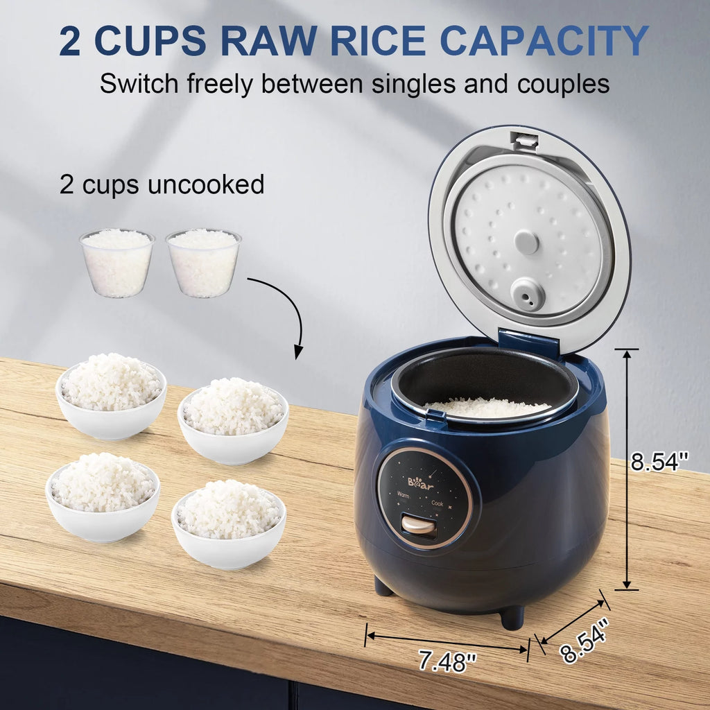 BEAR Rice Cooker 2 Cups Uncooked, Removable Nonstick Pot, One Touch Keep Warm, Blue A383