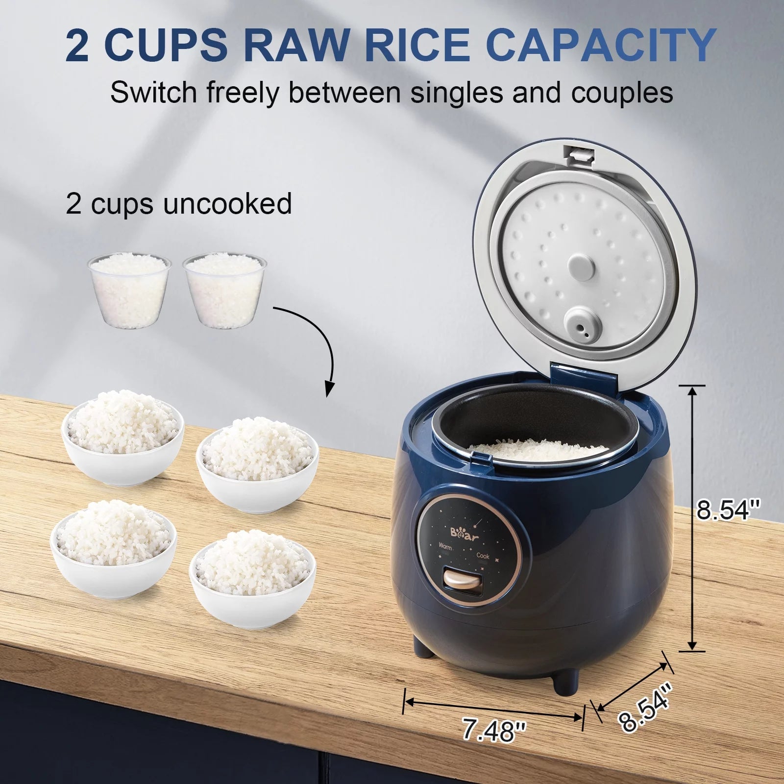 BEAR Rice Cooker 2 Cups Uncooked, Removable Nonstick Pot, One Touch Keep Warm, Blue A383