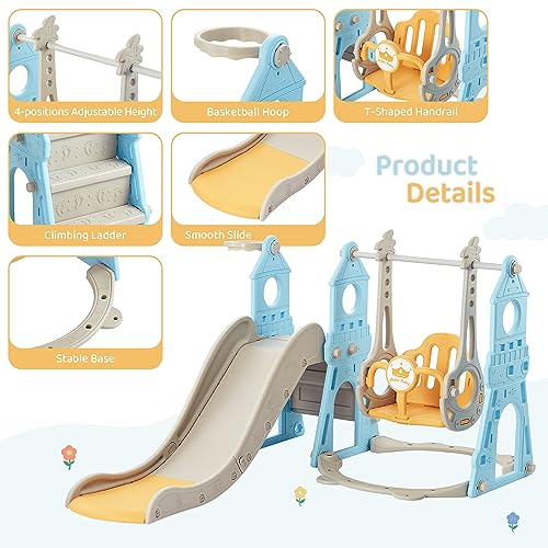 4-in-1 Toddler Slide and Swing Set with Basketball Hoop & Climber, Indoor/Outdoor Playset - Blue & Yellow J14810