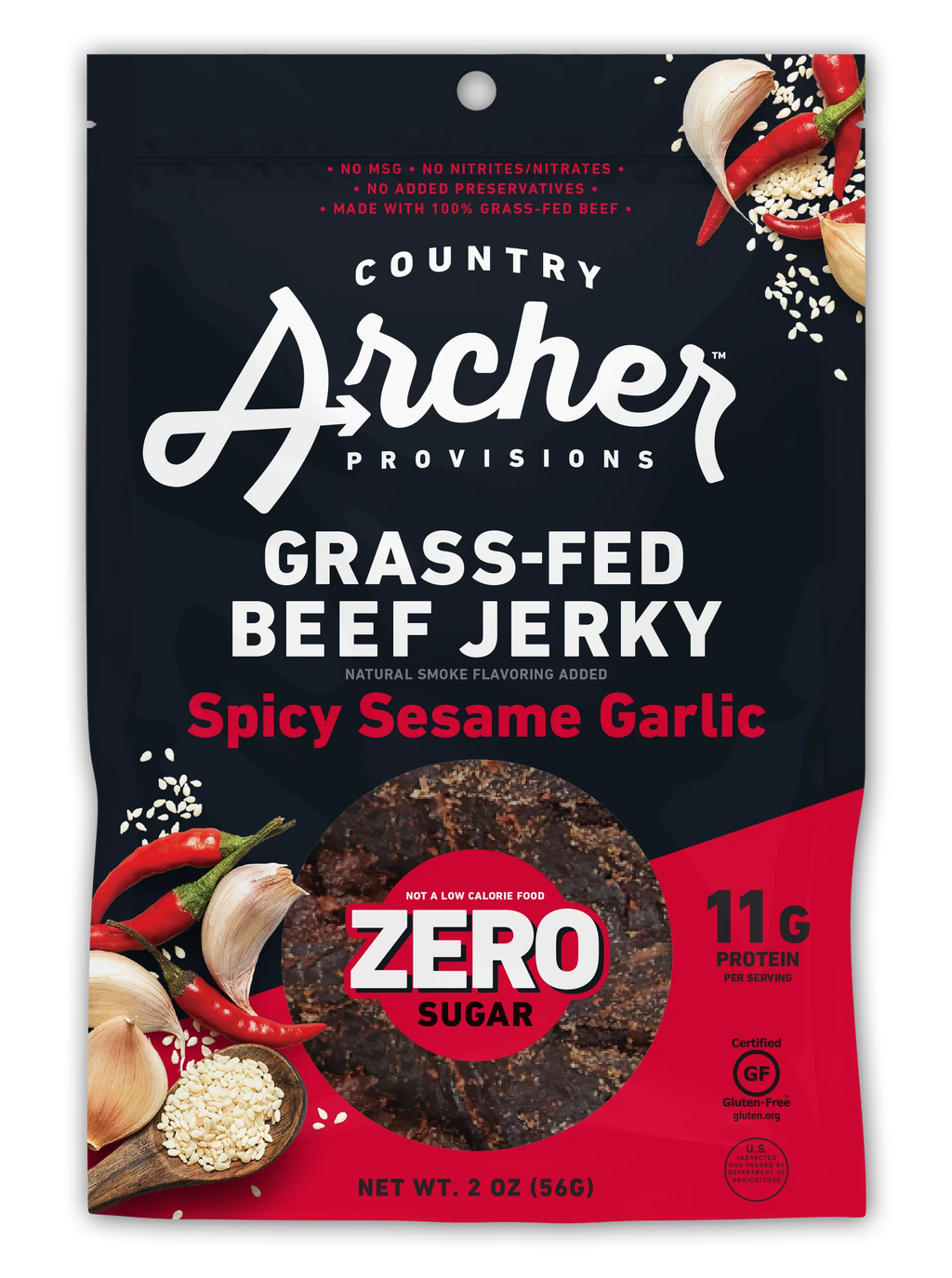 Country Archer 2oz Zero Sugar Spicy Sesame Garlic Beef Jerky Pack Of 12