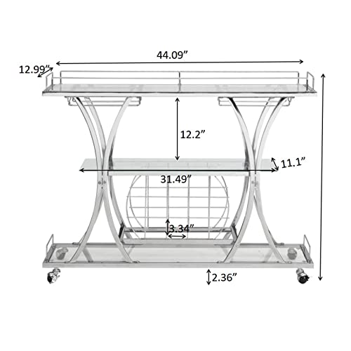 Silver Bar Cart Rolling Liquor Serving Cart with Wine Rack & Glass Holder O726690