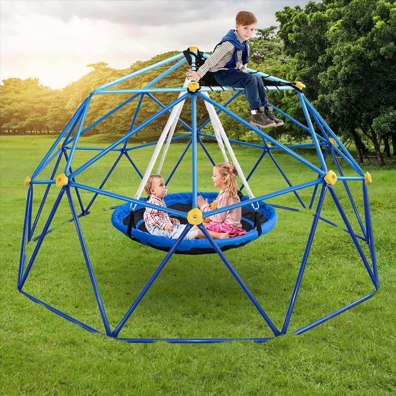 10ft Climbing Dome with Net Chair, Geometric Dome Climber Play Center with Rust & Uv Resistant, Supporting 1000lbs, Kids Jungle Gym Playground Indoor/Outdoor with Much Easier Assembly