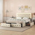 Queen Size Upholstered Bed Frame with 4 Storage Drawers, Button Tufted Adjustable Headboard PU Leather Platform Bed with LED Light, No Box Spring Needed (Black)